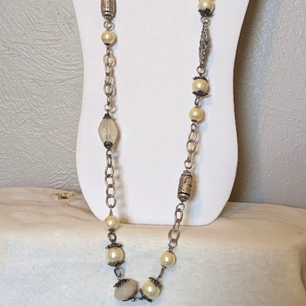 Chunky Bead Pearl Long Silver Tone Chain Necklace